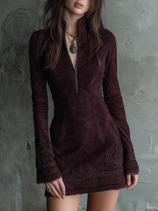 Vestido Mini Ante Granate Bordado Encaje