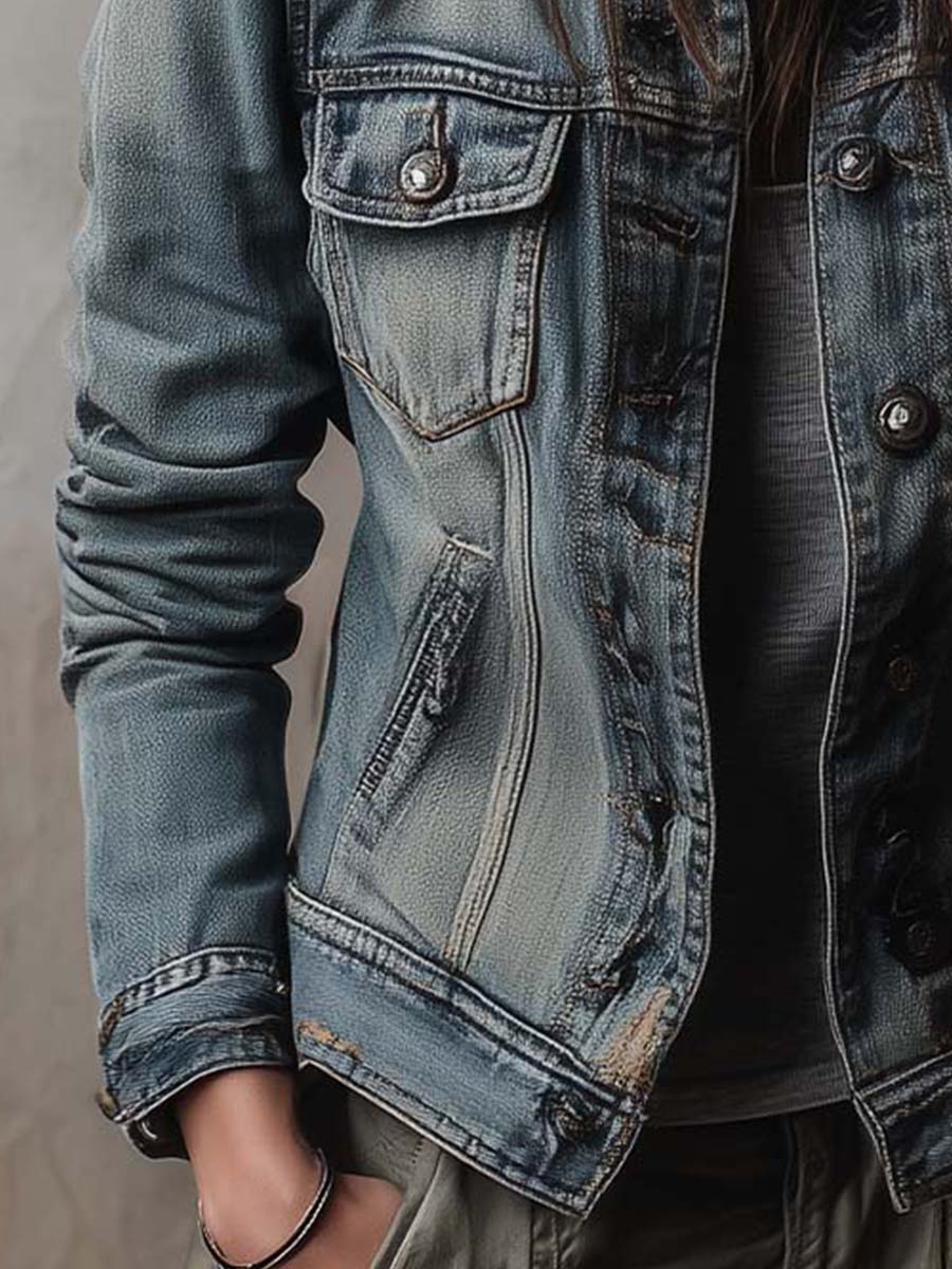 Chaqueta Denim Desgastada Hombreras Militares