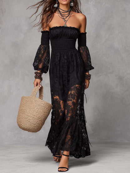 Vestido Maxi Negro Encaje Hombros Descubiertos Fruncido