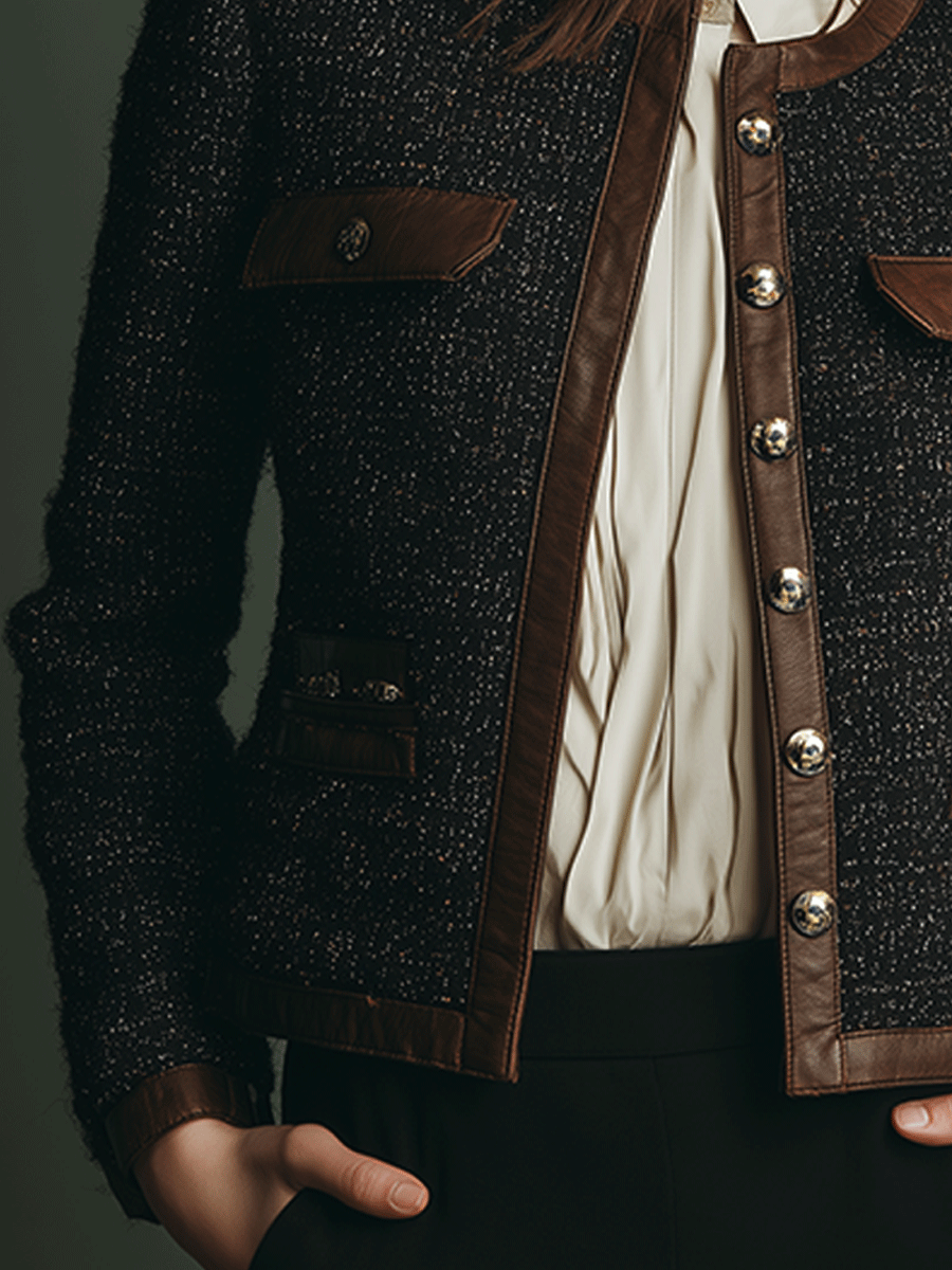 Chaqueta Tweed Negra Ribete Piel Clásica