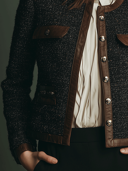 Chaqueta Tweed Negra Ribete Piel Clásica
