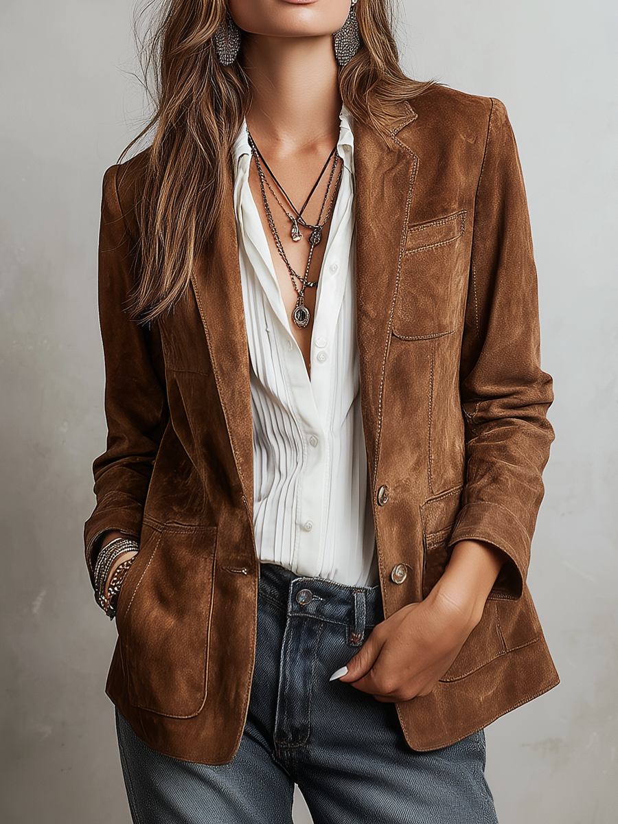 Chaqueta Ante Marrón Costuras Contraste