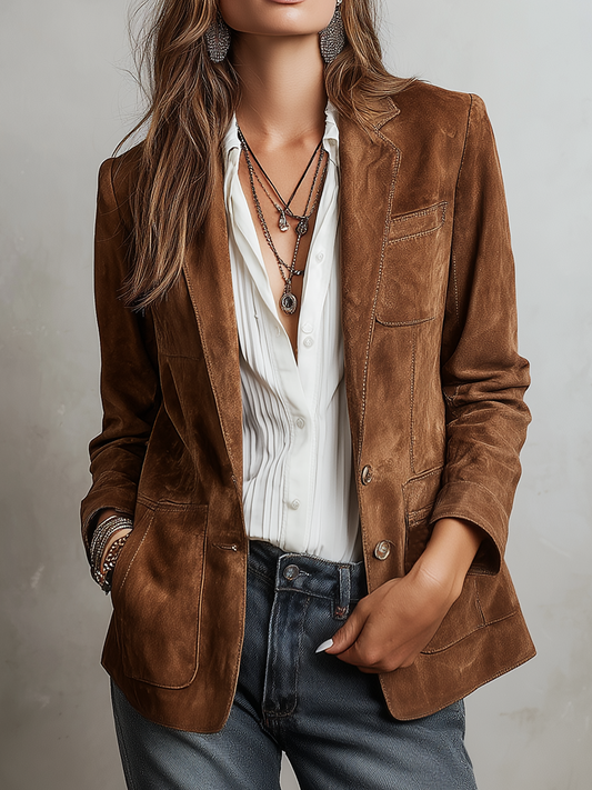 Chaqueta Ante Marrón Costuras Contraste