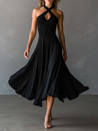Vestido Midi Negro Halter Ojo de Cerradura Línea A