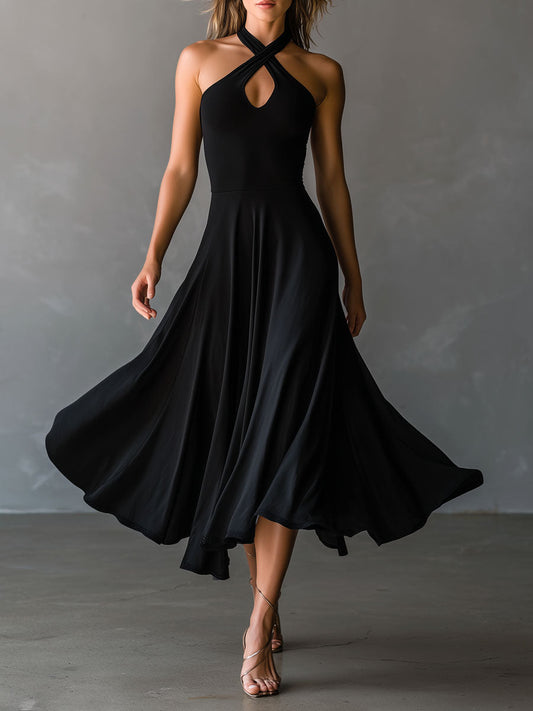 Vestido Midi Negro Halter Ojo de Cerradura Línea A