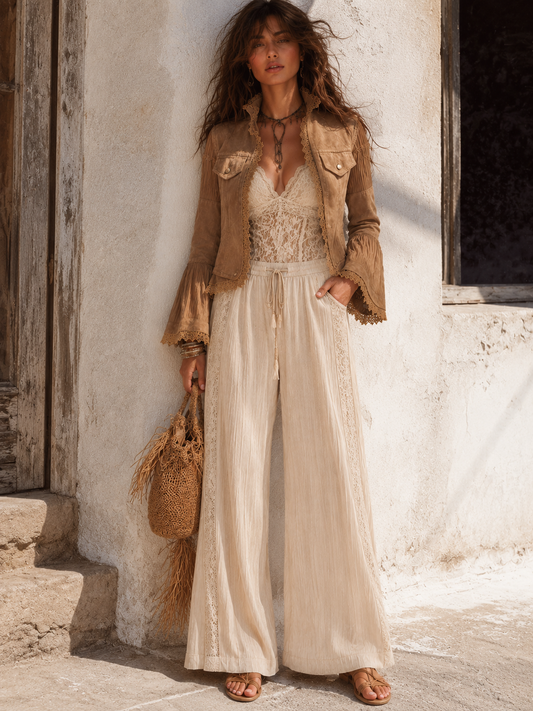 Chaqueta Boho Caqui Encaje Mangas Vaporosas