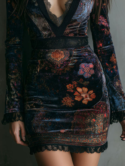Vestido Mini Terciopelo Azul Floral Escote V Encaje