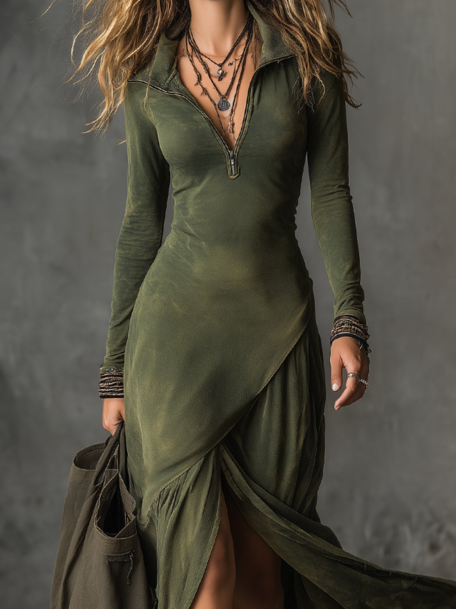 Vestido Midi Verde Boho Algodón Cremallera Abertura
