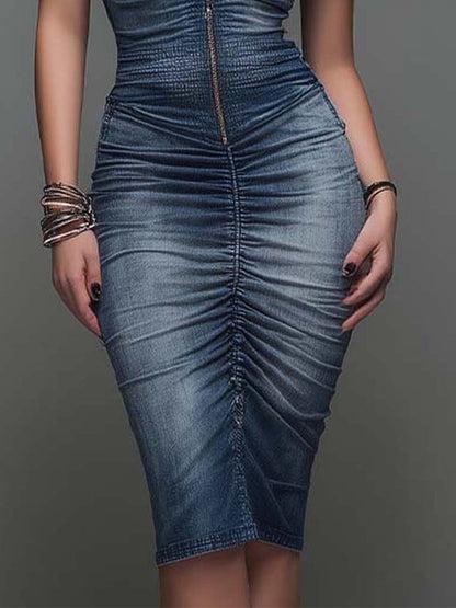 Vestido Midi Denim Azul Cremallera Fruncido
