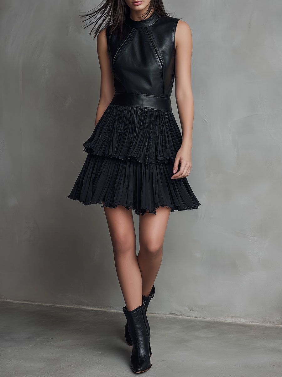 Vestido Mini Piel Ecológica Negro Chiffon Plisado