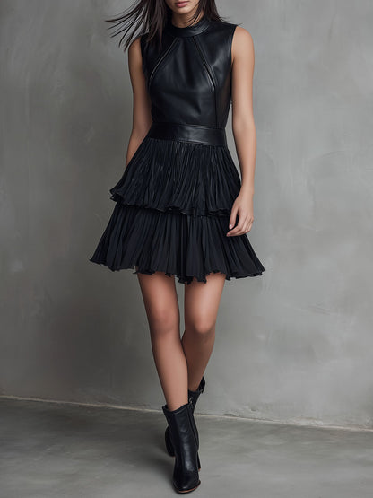 Vestido Mini Piel Ecológica Negro Chiffon Plisado