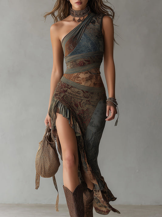 Vestido Maxi Gris Azulado Étnico Un Hombro Abertura