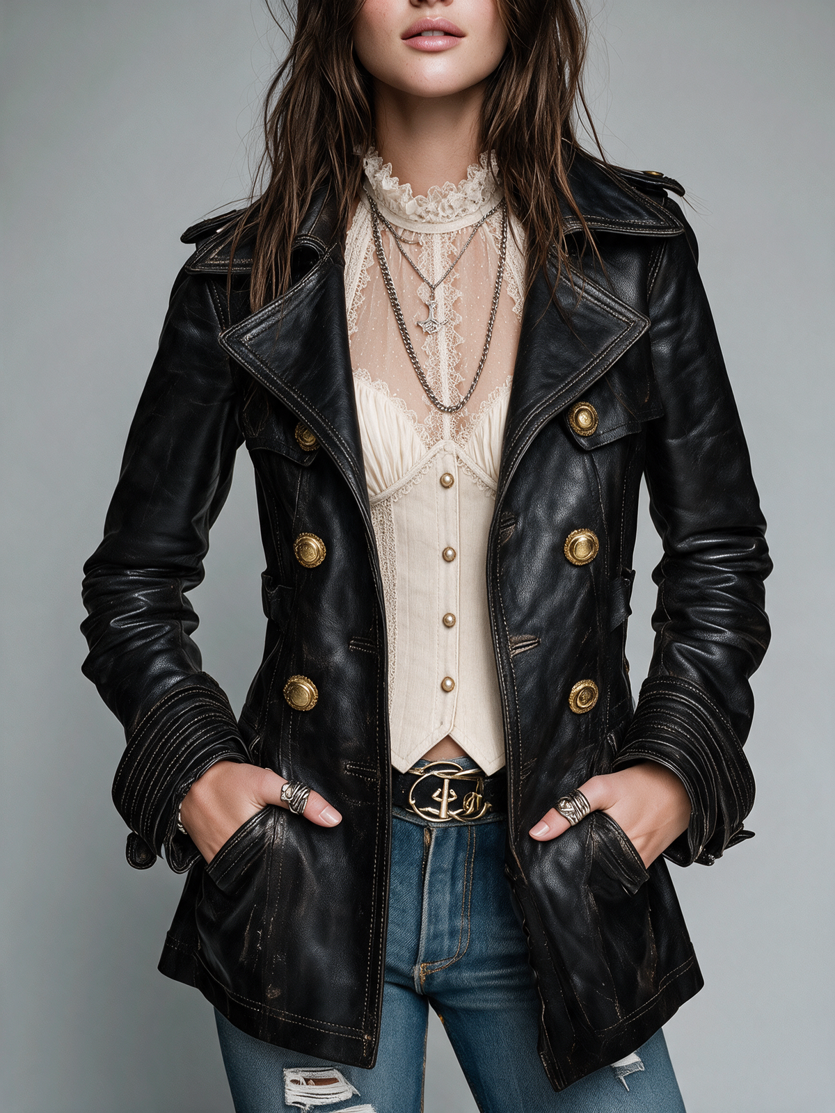 Chaqueta Piel Negra Cruzada Vintage