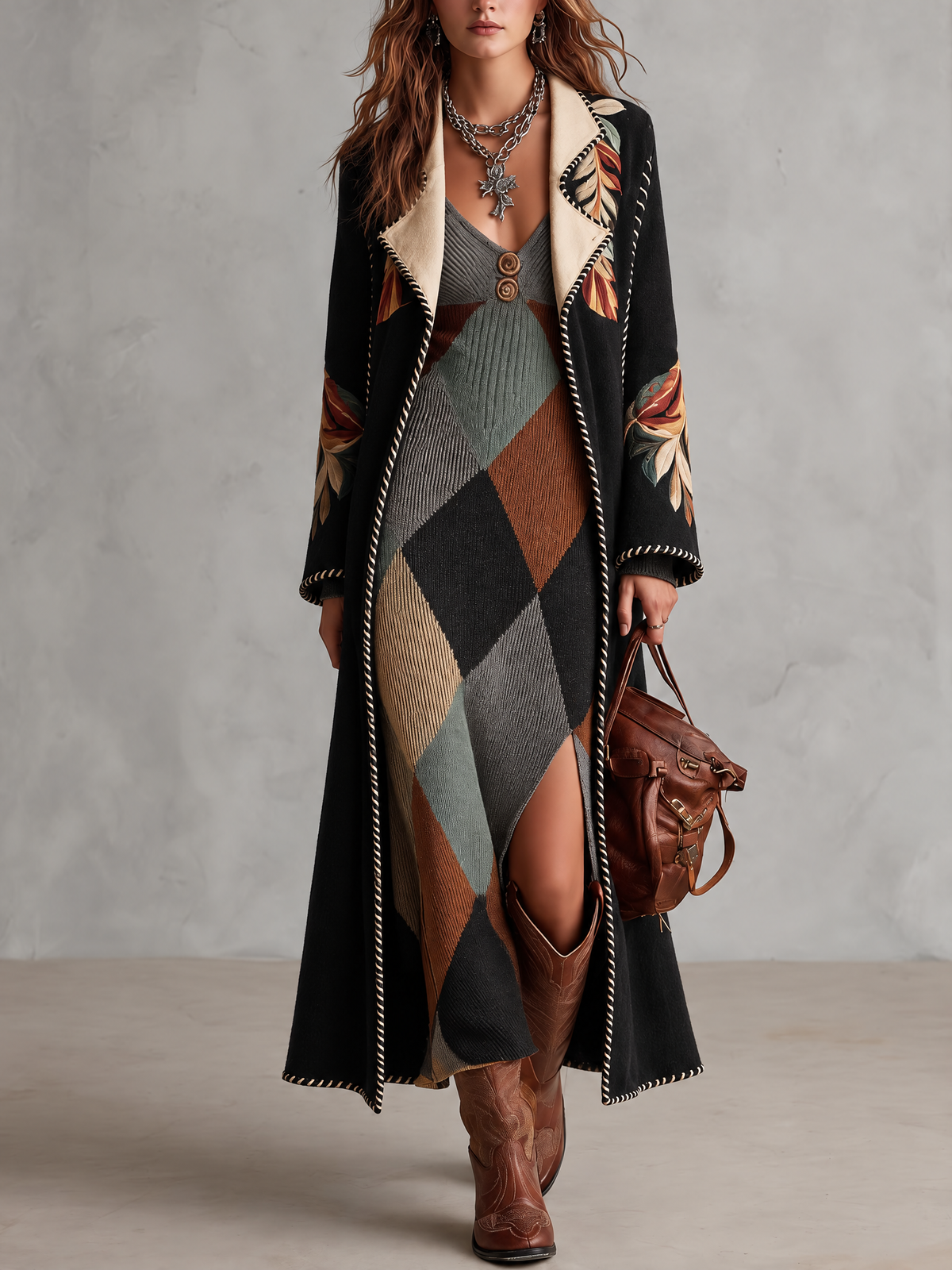 Vestido Midi Gris Punto Rombos Retro