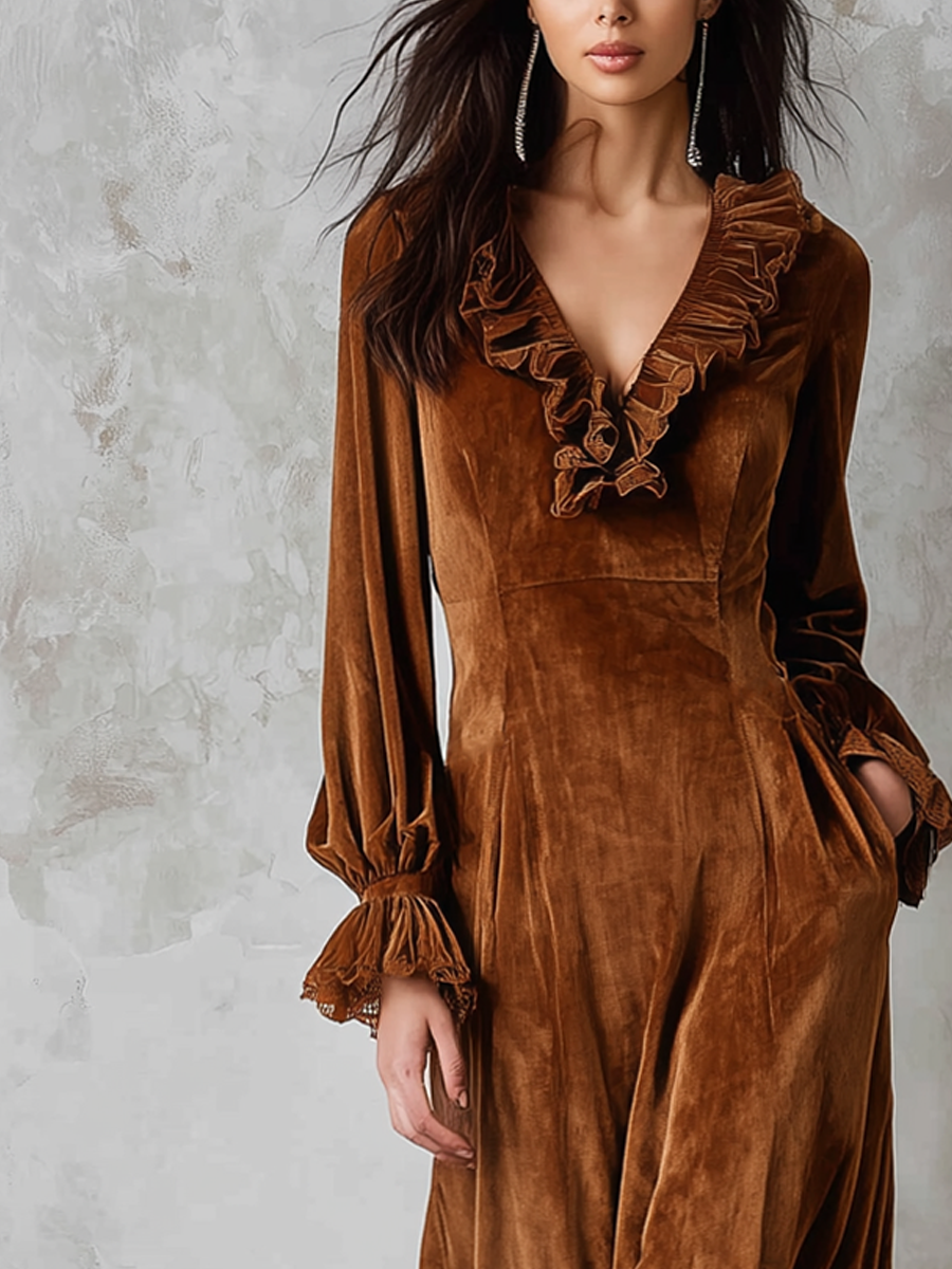 Vestido Midi Marrón Terciopelo Encaje Cuello Volante