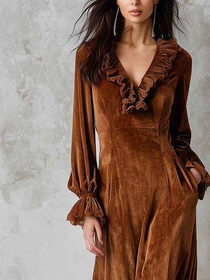 Vestido Midi Marrón Terciopelo Encaje Cuello Volante