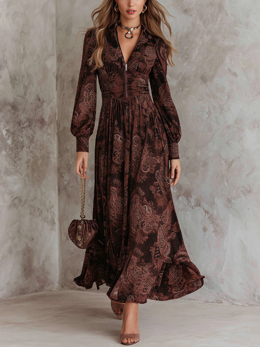 Vestido Midi Marrón Estampado Cachemira Cuello Cremallera