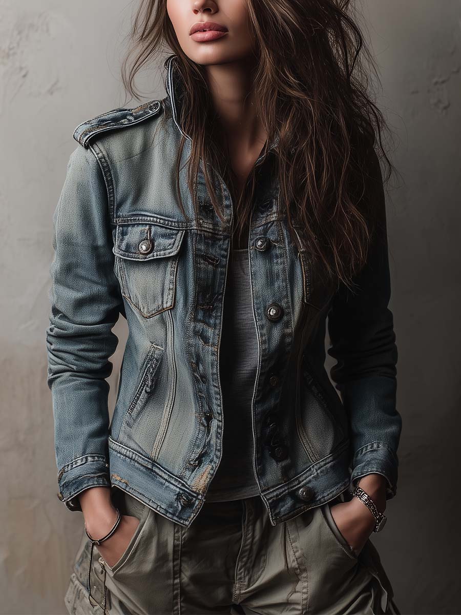 Chaqueta Denim Desgastada Hombreras Militares