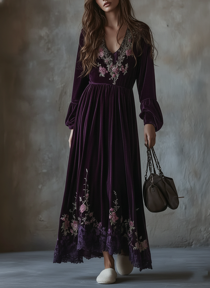 Vestido Maxi Morado Terciopelo Bordado Floral