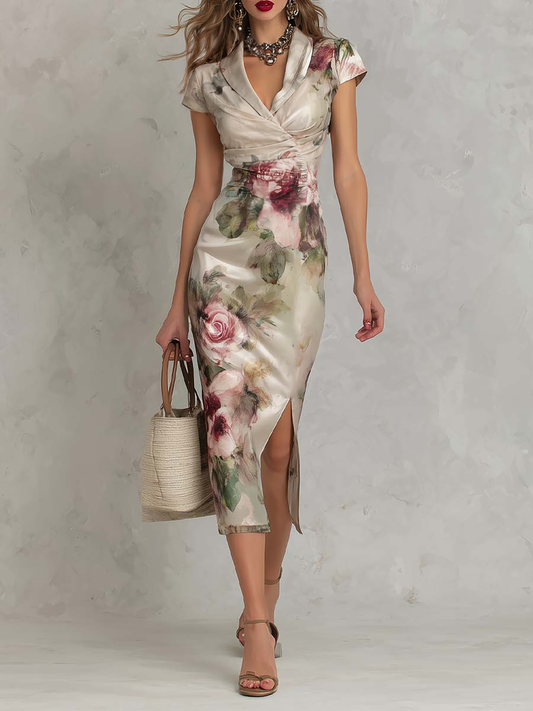 Vestido Midi Satén Marfil Floral Acuarela Fruncido